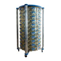 OptiMice II laboratory mouse housing rack featuring transparent individual ventilated cages, blue latches, laser-etched stainless steel uprights, and caster wheels for mobility in research animal facilities.